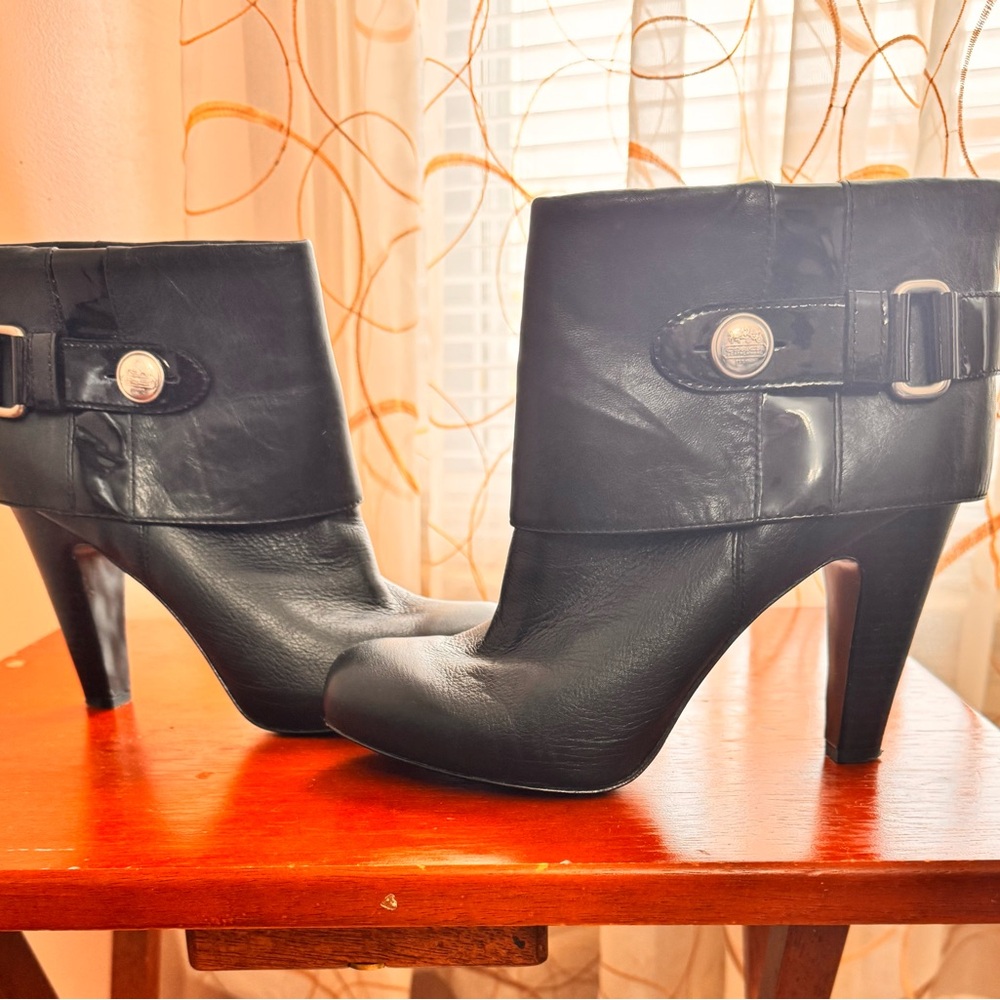 Coach Black Heeled Boots with Buckle Detail
